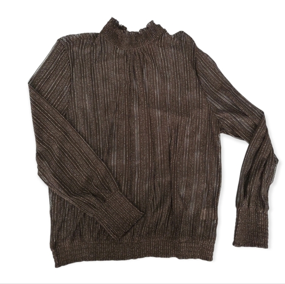 New Semi-Sheer Black Glitter Mockneck Blouse Long Sleeve Top Sheer Turtleneck - Picture 2 of 11